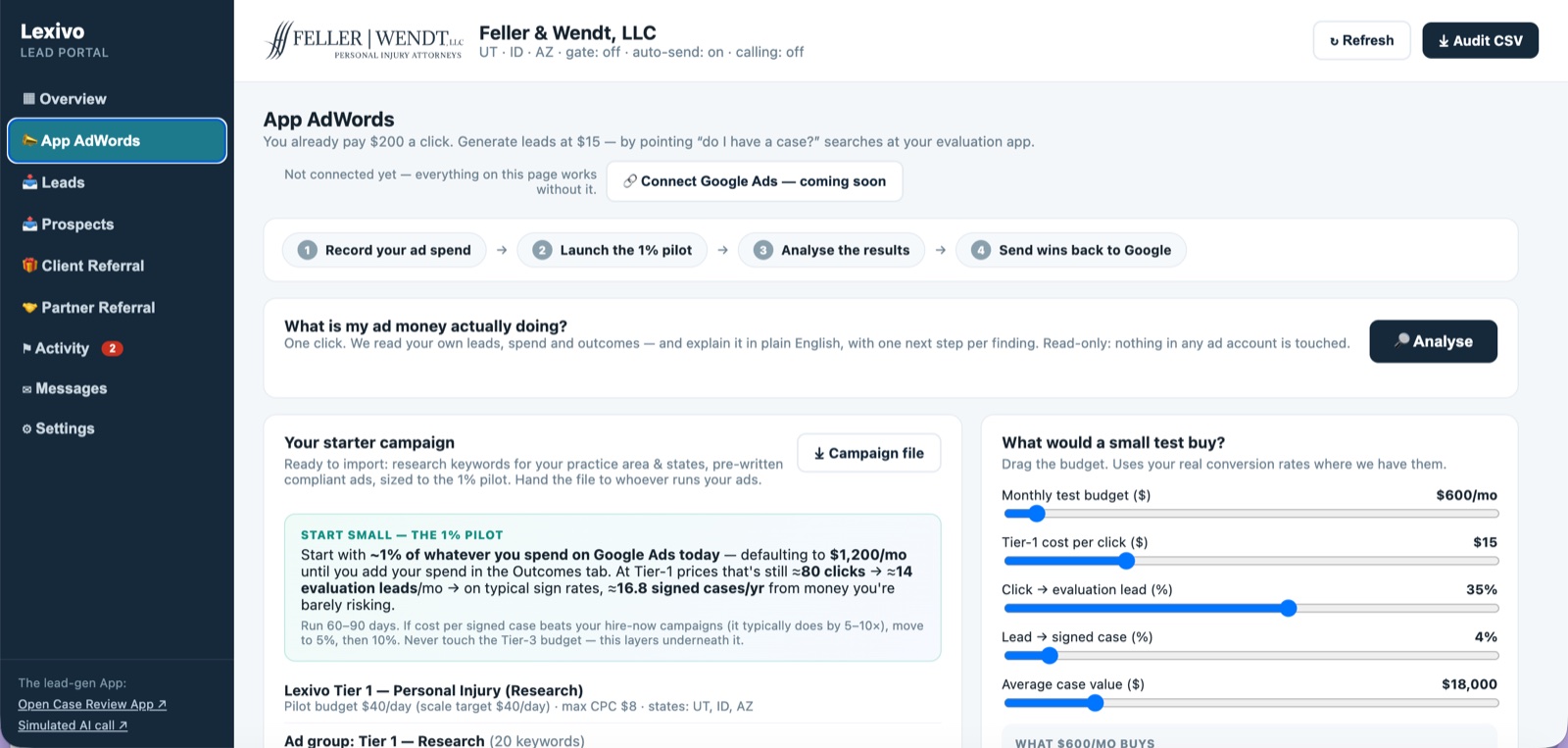 Lexivo App Marketing CRM — App AdWords dashboard: synced Google Ads campaigns, keyword suggestions, campaign tracking and optimisation recommendations